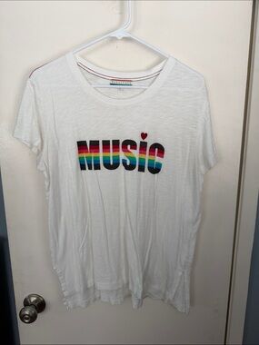 PJ Salvage White Tee with Rainbow MUSIC Graphic - Sz L